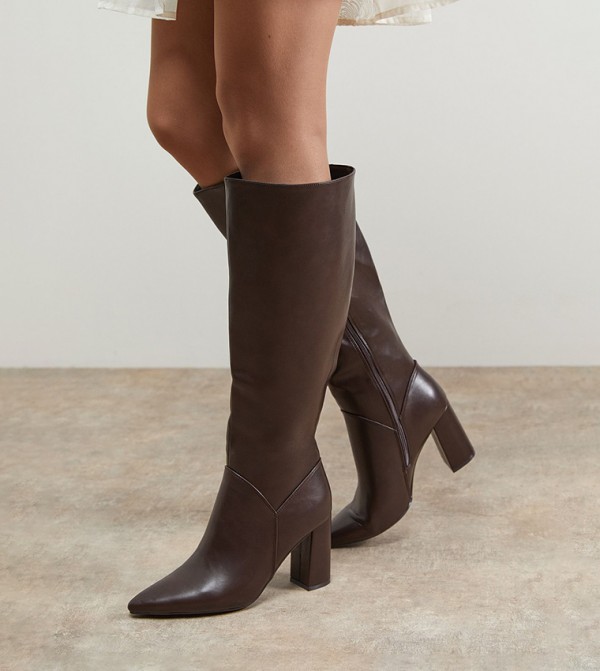 Jemima Faux Leather Block Heel Pointed Toe Knee High Boots