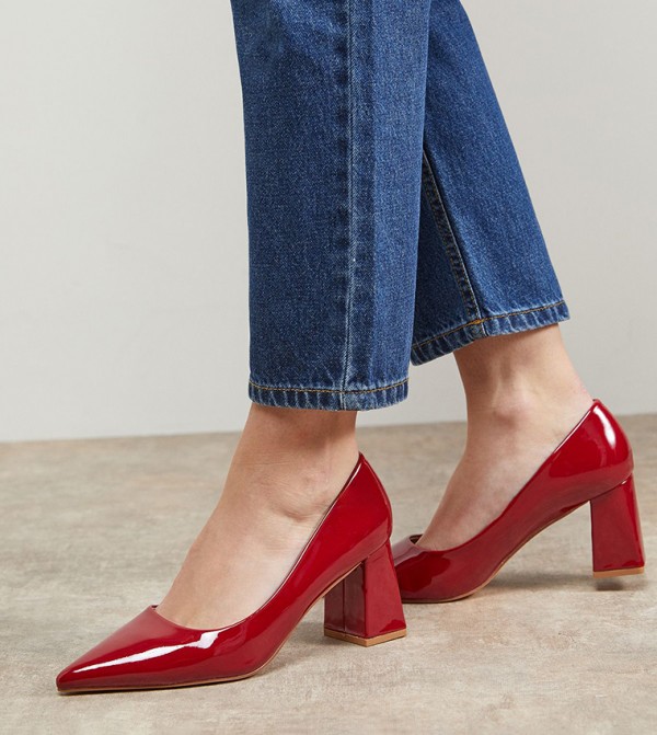 Val Faux Patent Leather Pointed Toe Block Heel Pumps