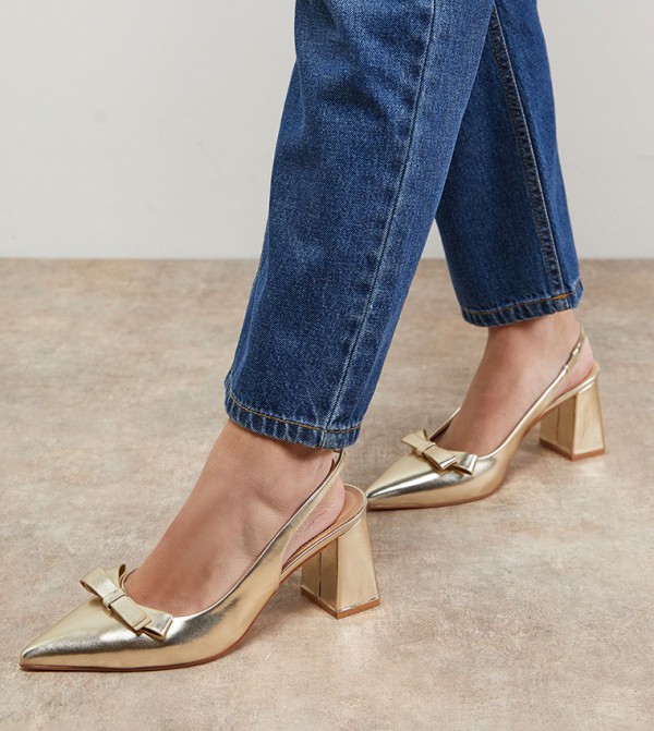 Vala Faux Metallic Leather Bow Detail Slingback Block Heel Pumps