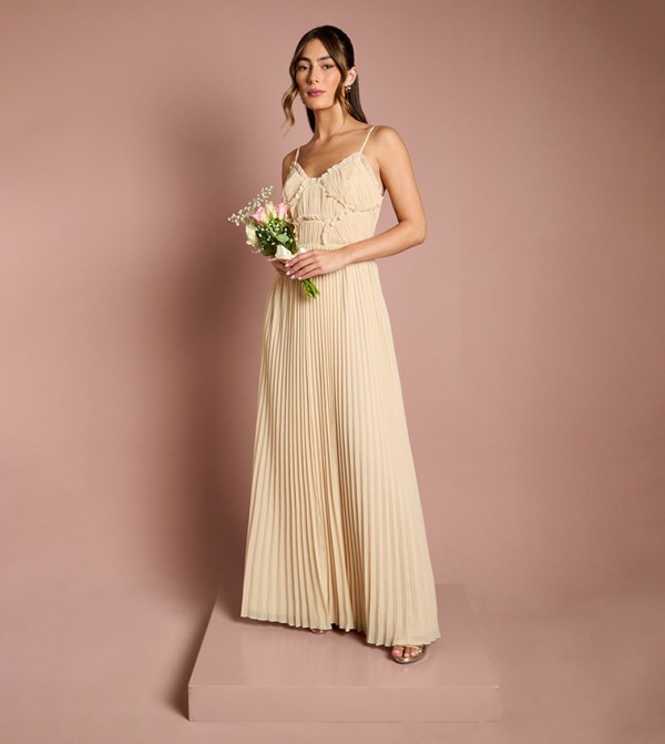 Ruffle Detail Strappy Pleated Bridal Maxi Dress