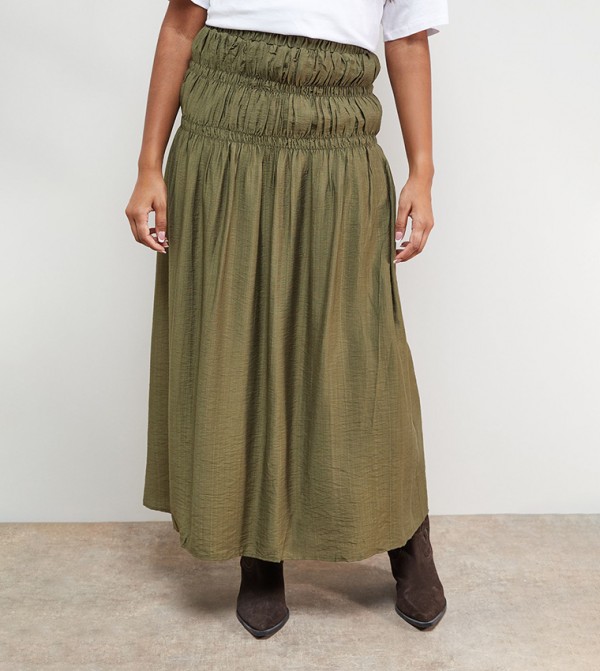 Shirred Waist Midi Skirt
