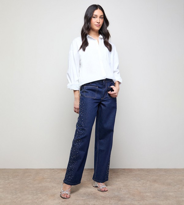 Hotfix Pocket Detail Wide Leg Jeans