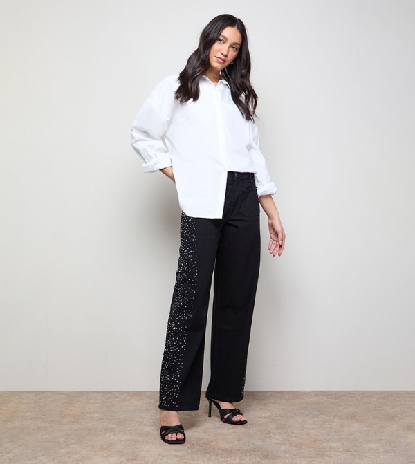 Hotfix Pocket Detail Wide Leg Jeans