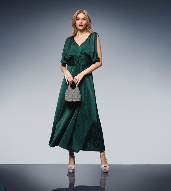 Hotfix Detail Ruched Bodice V-Neck Midi Dress