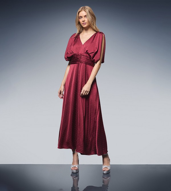 Hotfix Detail Ruched Bodice V-Neck Midi Dress