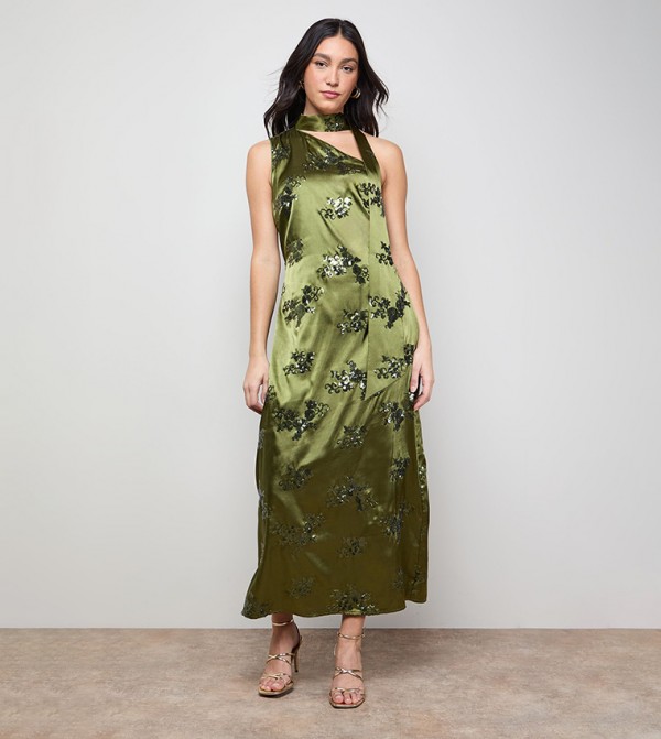 Sequined Satin Tie Neck Midaxi Slip Dress