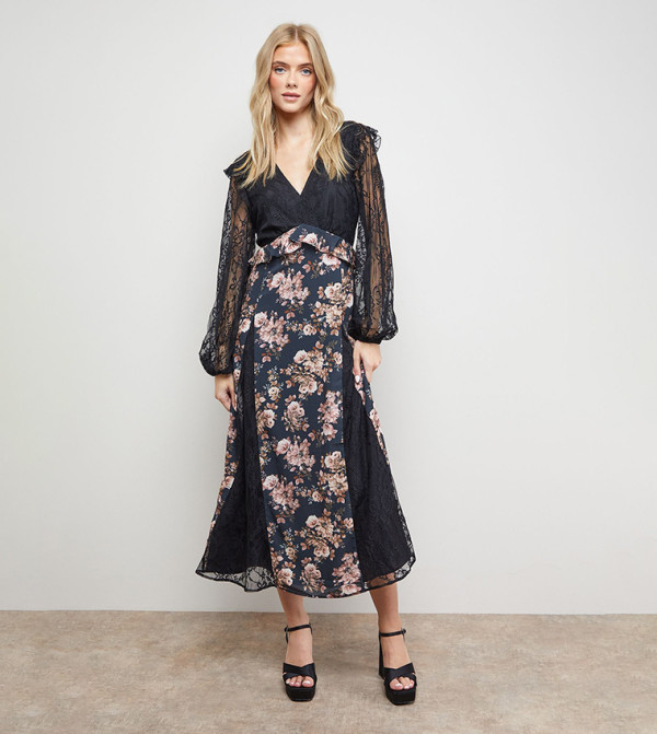Printed Lace Mix Midi Dress