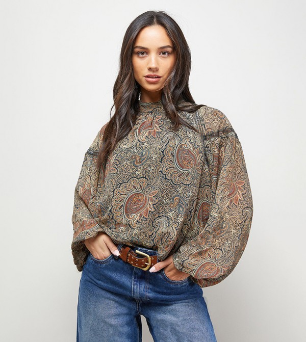Printed Lace Panel Boho Top