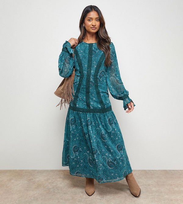 Lace Detail Balloon Sleeves Drop Hem Midi Dress
