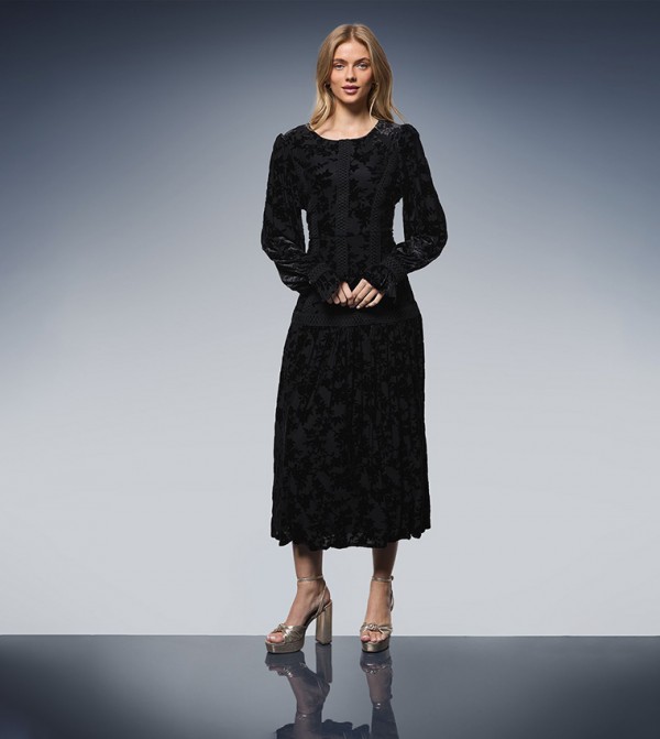 Trim Panelled Long Sleeves Midi Dress