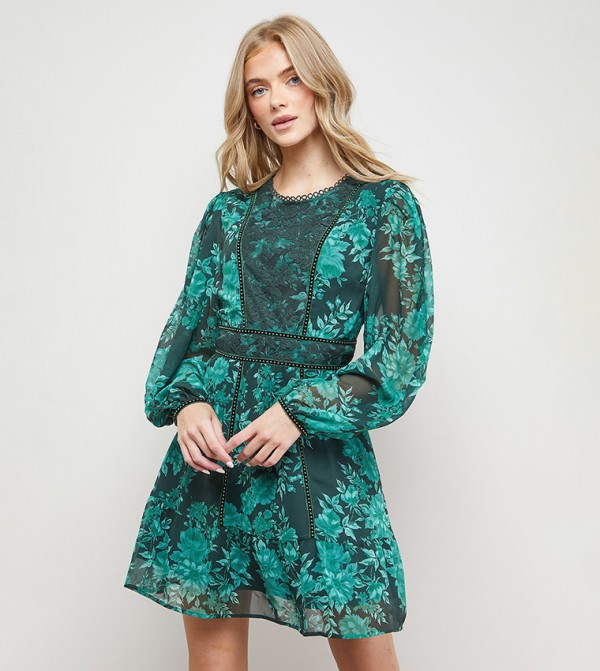 Printed Velvet Stud Trim Mini Dress