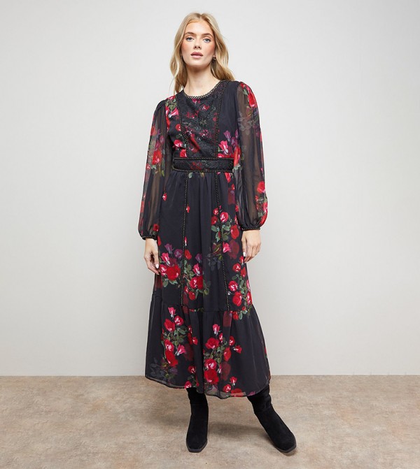 Printed Velvet Stud Trim Midi Dress
