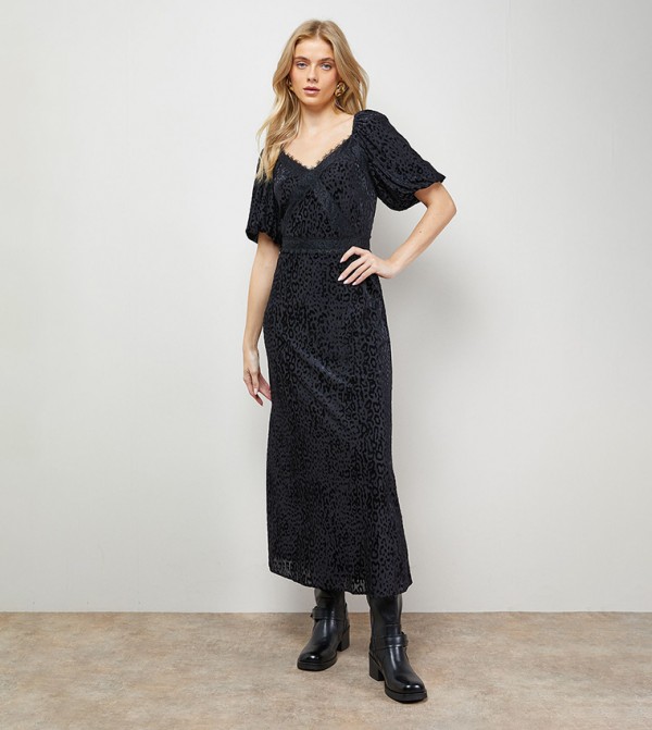 Devore Puff Sleeves Midi Dress