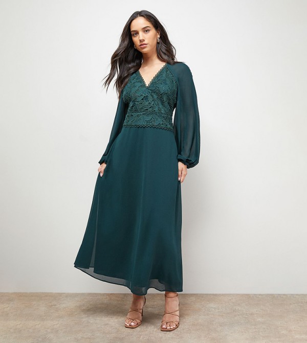 Lace Front Balloon Sleeves Midi Dress