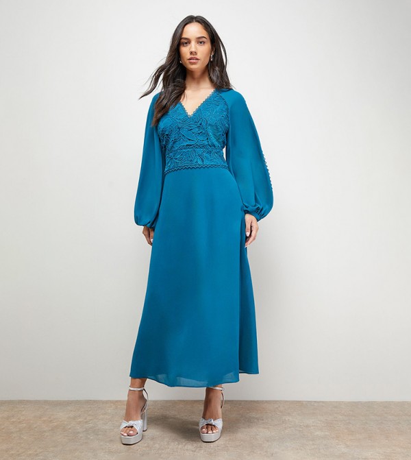Lace Front Balloon Sleeves Midi Dress