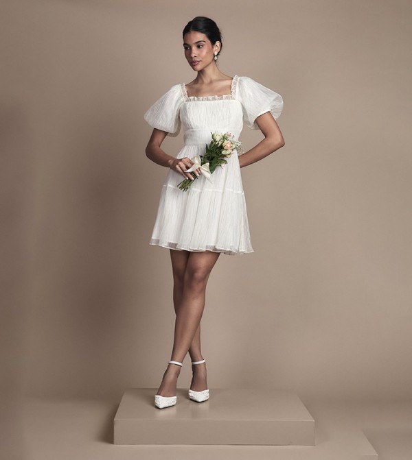 Puff Sleeves Organza Mini Bridal Dress