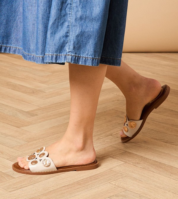 Mandy Faux Leather Metal Detail Slide Sandals