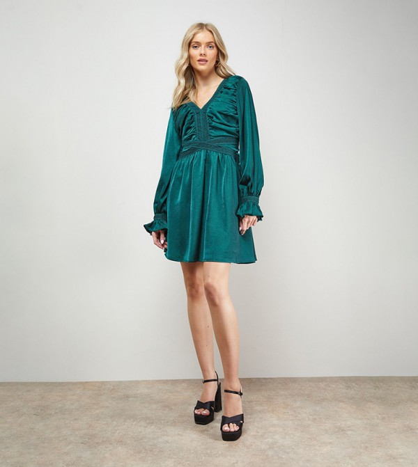 Lace Trim Gathered V-Neck Mini Dress