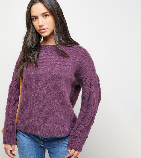 Cable Knit Sleeves Crew Neck Cosy Sweater