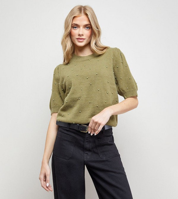 Pearl Embellished Crew Neck Puff Sleeves Knit Top