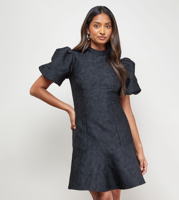 Paisley Jacquard Puff Sleeves Mini Dress