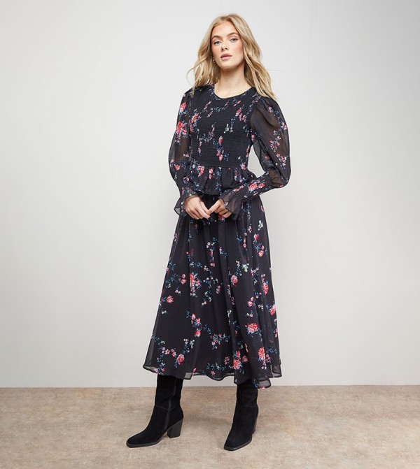 Printed Western Shirred Bodice Long Sleeves Midi Dress