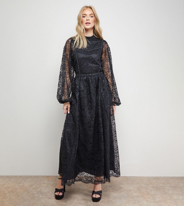 Lace Trim Long Sleeves Scallop Edge Maxi Dress