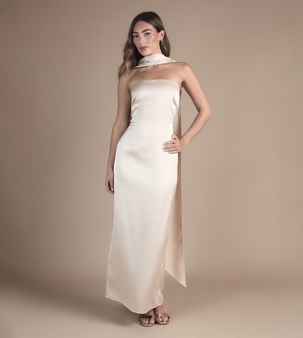 Bandeau Satin Maxi Wedding Dress With Scarf