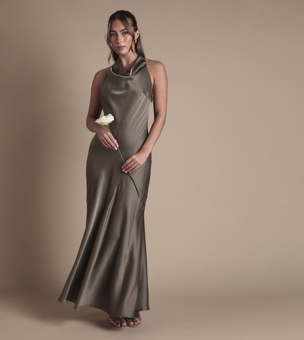 Cowl Halterneck Satin Maxi Bridesmaid Dress