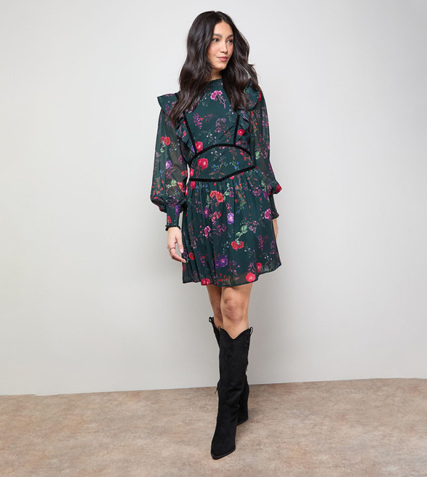 Printed Shirred Detail Fit and Flare Mini Dress