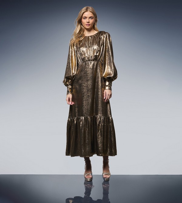 Lame Balloon Sleeves Midi Party Dress