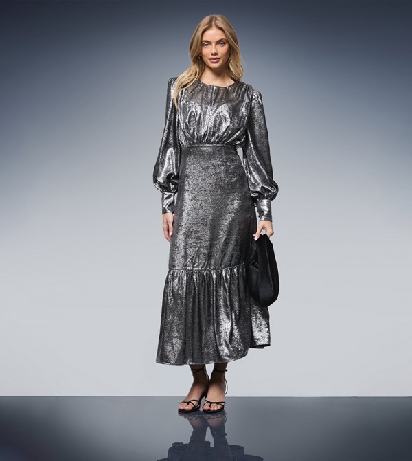 Lame Balloon Sleeves Midi Party Dress