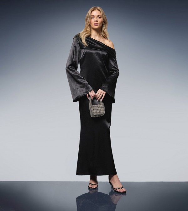 Satin Off Shoulder Slip Maxi Dress