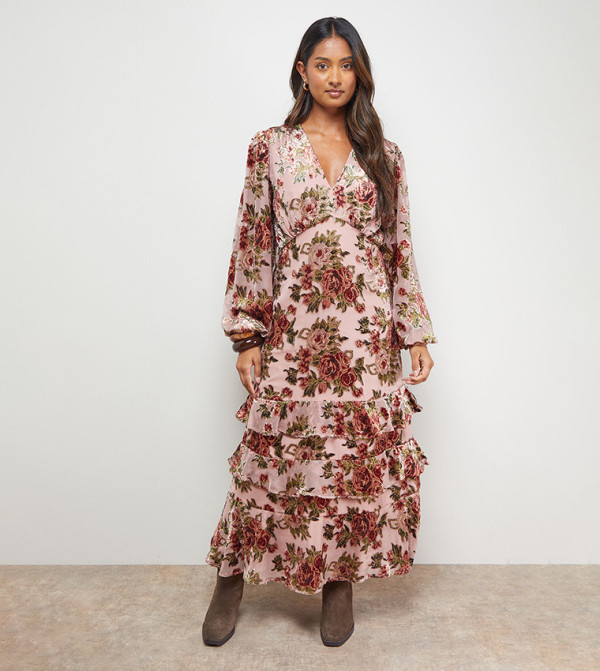 Devore Tiered Puff Sleeves Midaxi Tea Dress