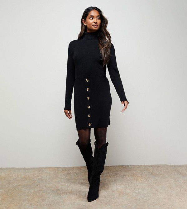 Button Down High Neck Mini Dress