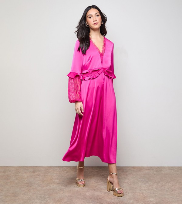 Lace Sleeves Frill Waist V-Neck Midi Dress