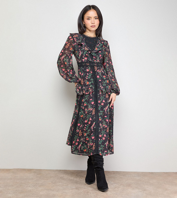 Petite Chiffon Printed Lace Trim Detail Ruffle Midi Dress