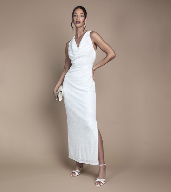 Sequined Cowl Neck Maxi Wedding Dress