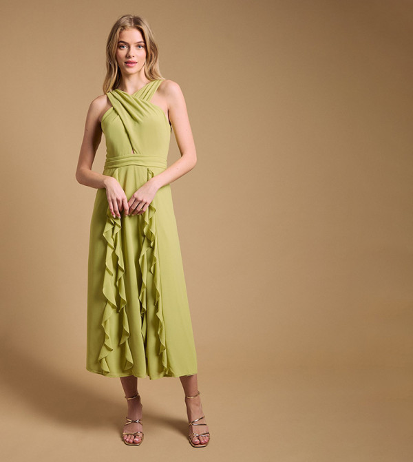Solid Halterneck Ruffle Midi Dress