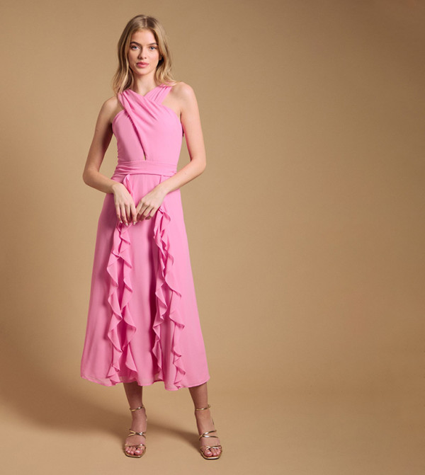 Solid Halterneck Ruffle Midi Dress