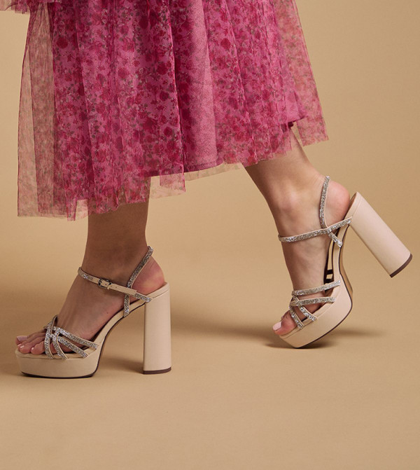 Mona Faux Leather Embellished Block Heel Sandals