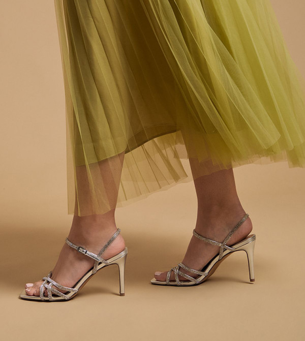 Sana Metallic Faux Leather Embellished Cage Heel Sandals