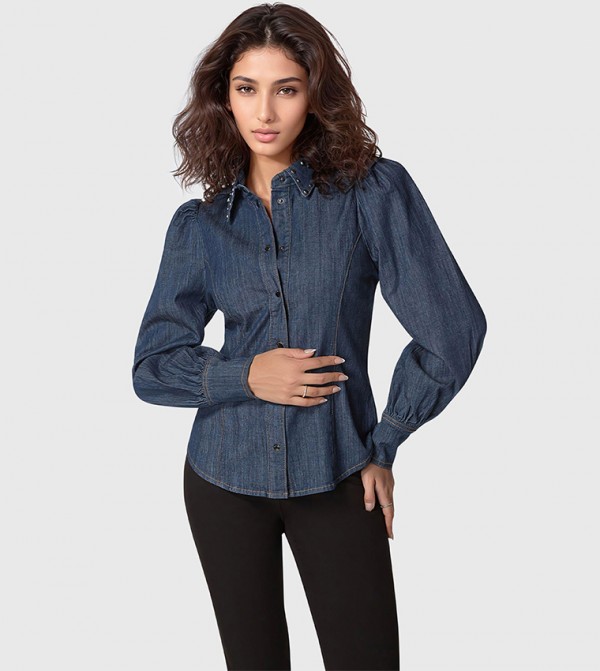 Studded Collared Puff Sleeves Denim Shirt