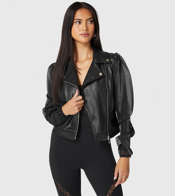 Organza Sleeves Vegan Leather Moto Jacket