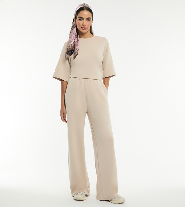 Solid Elastic Waist Relaxed Fit Knit Trouser