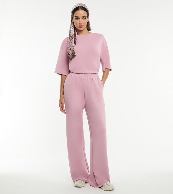 Solid Elastic Waist Relaxed Fit Knit Trouser