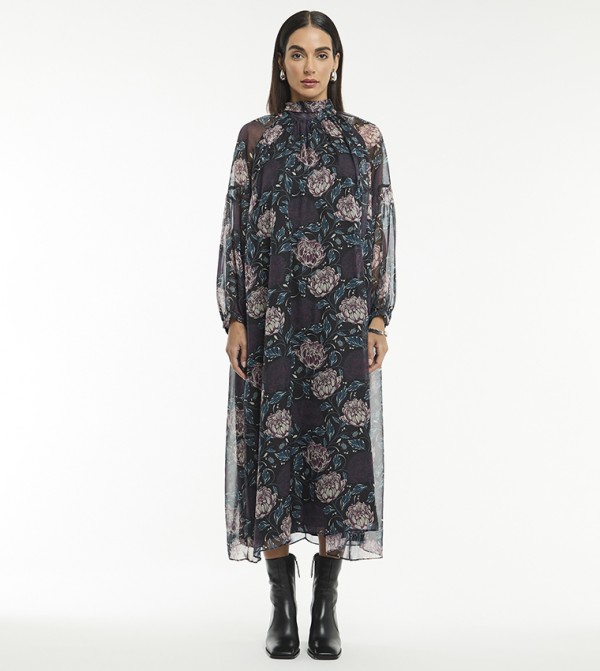 Printed High Neck Balloon Sleeves Midi Dress