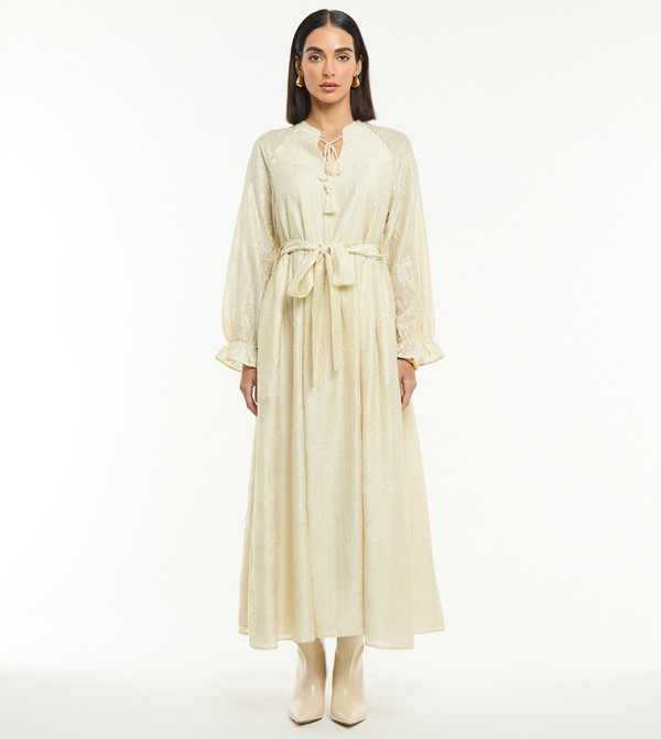 Embroidered Long Sleeves Midaxi Dress With Belt