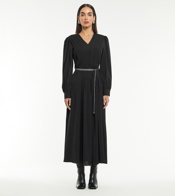 Solid Puff Sleeves Pleated Midi Dress