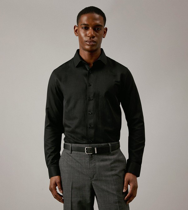 Solid Herringbone Weave Long Sleeves Shirt